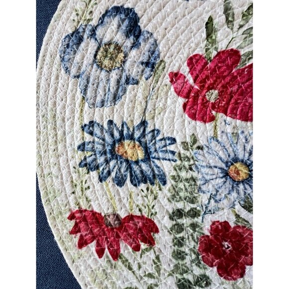 4 pc SUMMER LOVE Braided Placemat Set 15” Rnd Blue Red Poppy Flower Easy Care - Picture 4 of 7